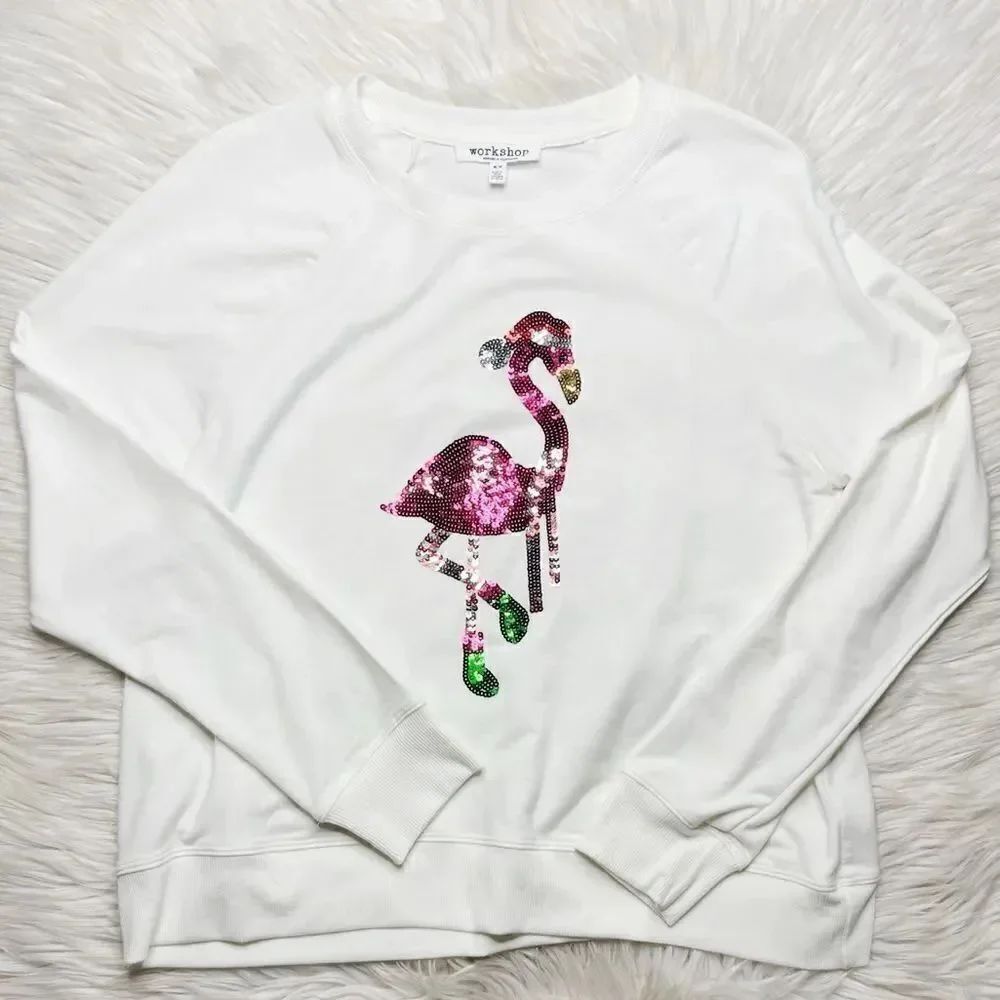 Workshop Sequin Flamingo Long sleeve Sweatshirt White Pink Size Medium